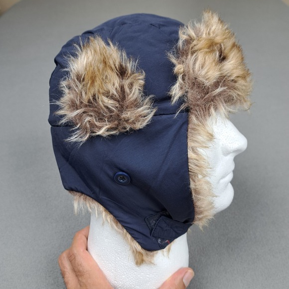 Gap Kids Hat Navy Warmest Trapper Ear Flap Fleece Lined Winter Cap Faux Fur Trim - Picture 2 of 12